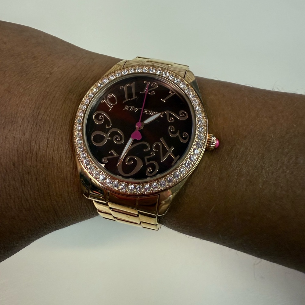 Betsey Johnson Rose Gold Rhinestone Big Face Glam Watch Work Perfectly